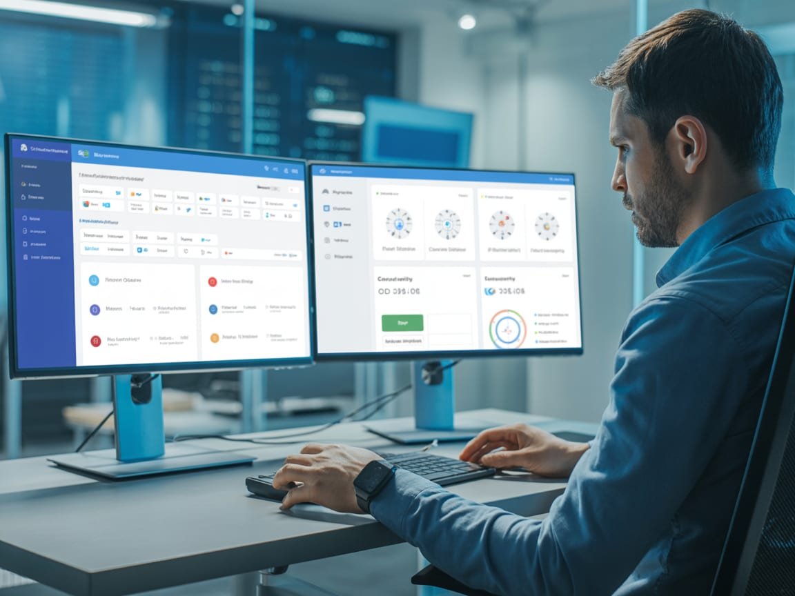 IT specialist working at a desk with multiple monitors showing Microsoft 365 admin panels