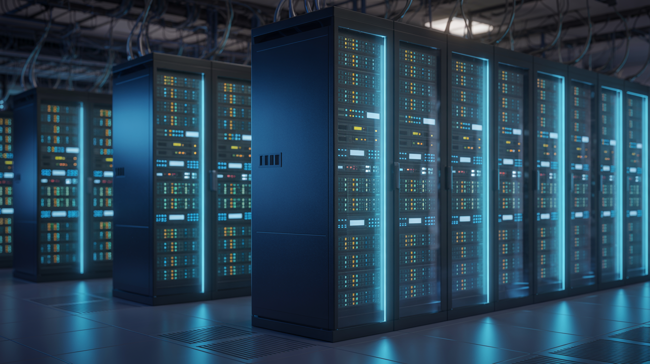 Modern data center server room with blue LED lighting